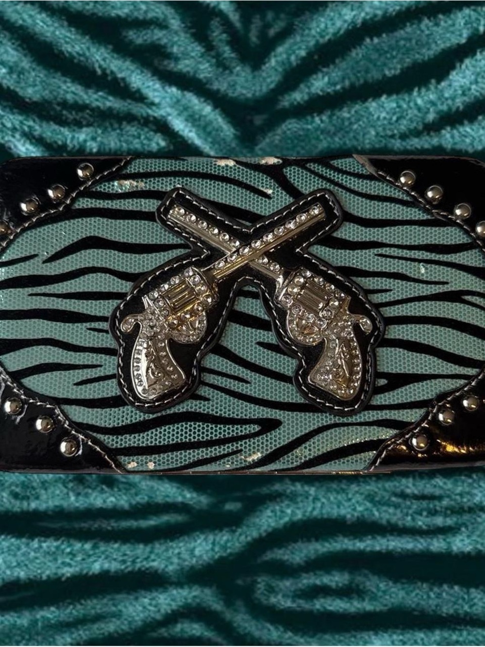 Aqua Zebra Print Crossed Pistols Embellished Wallet